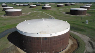 An aerial view of an oil storage facility near Cushing, Oklahoma