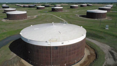 An aerial view of an oil storage facility near Cushing, Oklahoma
