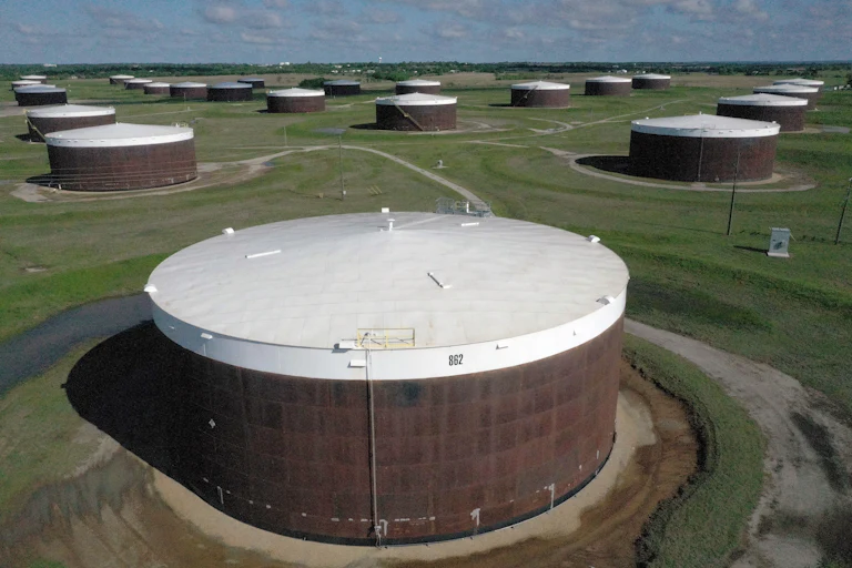 An aerial view of an oil storage facility near Cushing, Oklahoma