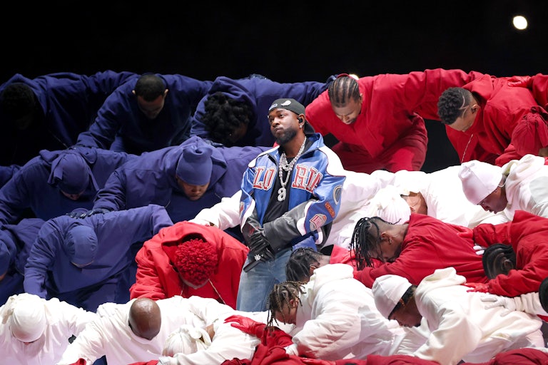Kendrick Lamar performs on stage at the Super Bowl halftime show