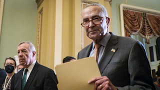 Senate Majority Leader Chuck Schumer and Senator Dick Durbin speak to reporters.