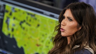 Homeland Security Secretary Kristi Noem speaks during a press conference