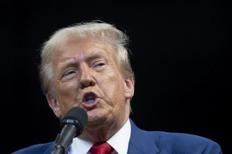 Donald Trump speaks into a microphone