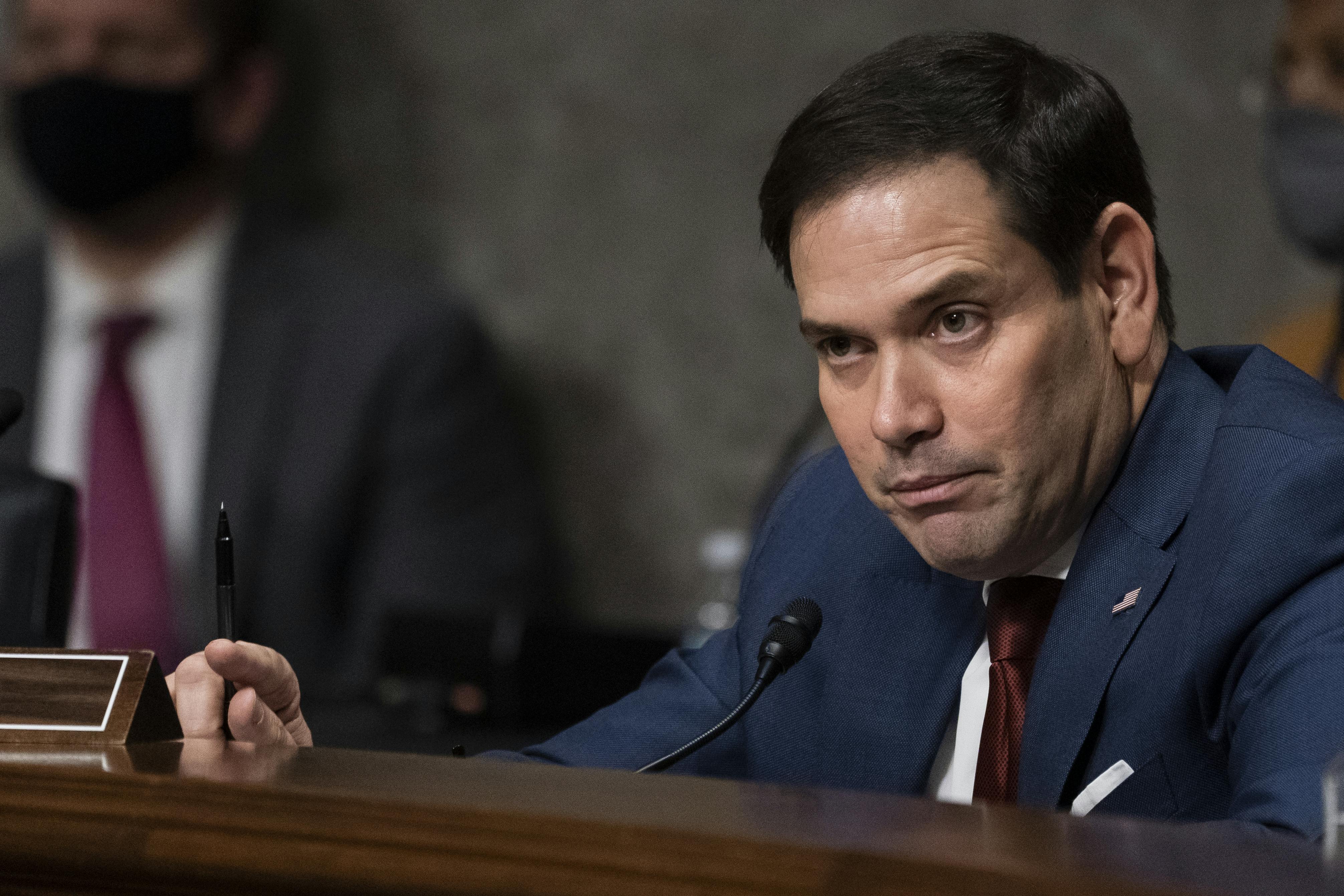 Florida Senator Marco Rubio listens during a Senate hearing.