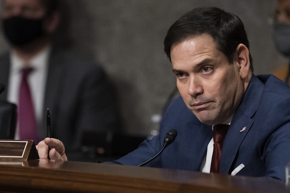Florida Senator Marco Rubio listens during a Senate hearing.