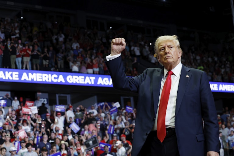 Donald Trump raises a fist in victory