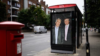 A bus stop in London displays a photo of Donald Trump and Jeffrey Epstein