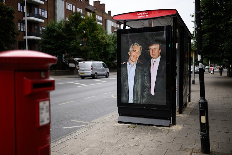 A photo of Donald Trump and Jeffrey Epstein is displayed at a London bus stop