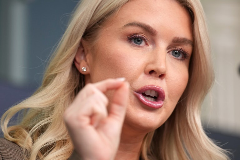 White House press secretary Karoline Leavitt speaks while making a hand gesture for emphasis