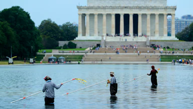 National Park Service employees and contractors use vacuums to remove green algae from the bottom of the Lincoln Memorial Reflecting Pool. The NPS is working to control and remove the algae bloom that has turned the pool green following the Trump Administration’s recent $14 million repair, resealing and painting project.