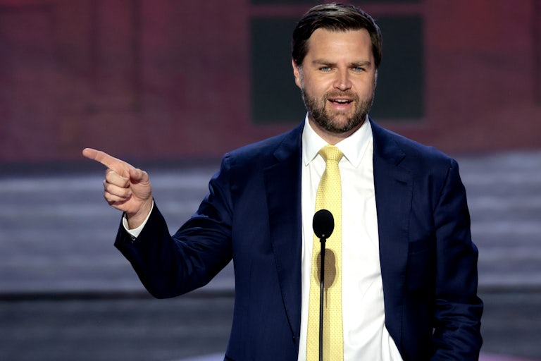 J.D. Vance gestures as he speaks onstage at the Republican National Convention