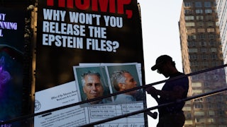 A billboard in Times Square calls for the release of the Epstein files on July 23, 2025 in New York City.