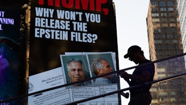A billboard in Times Square calls for the release of the Epstein files on July 23, 2025 in New York City.