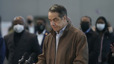 New York Governor Andrew Cuomo speaks at a vaccination site in New York City.