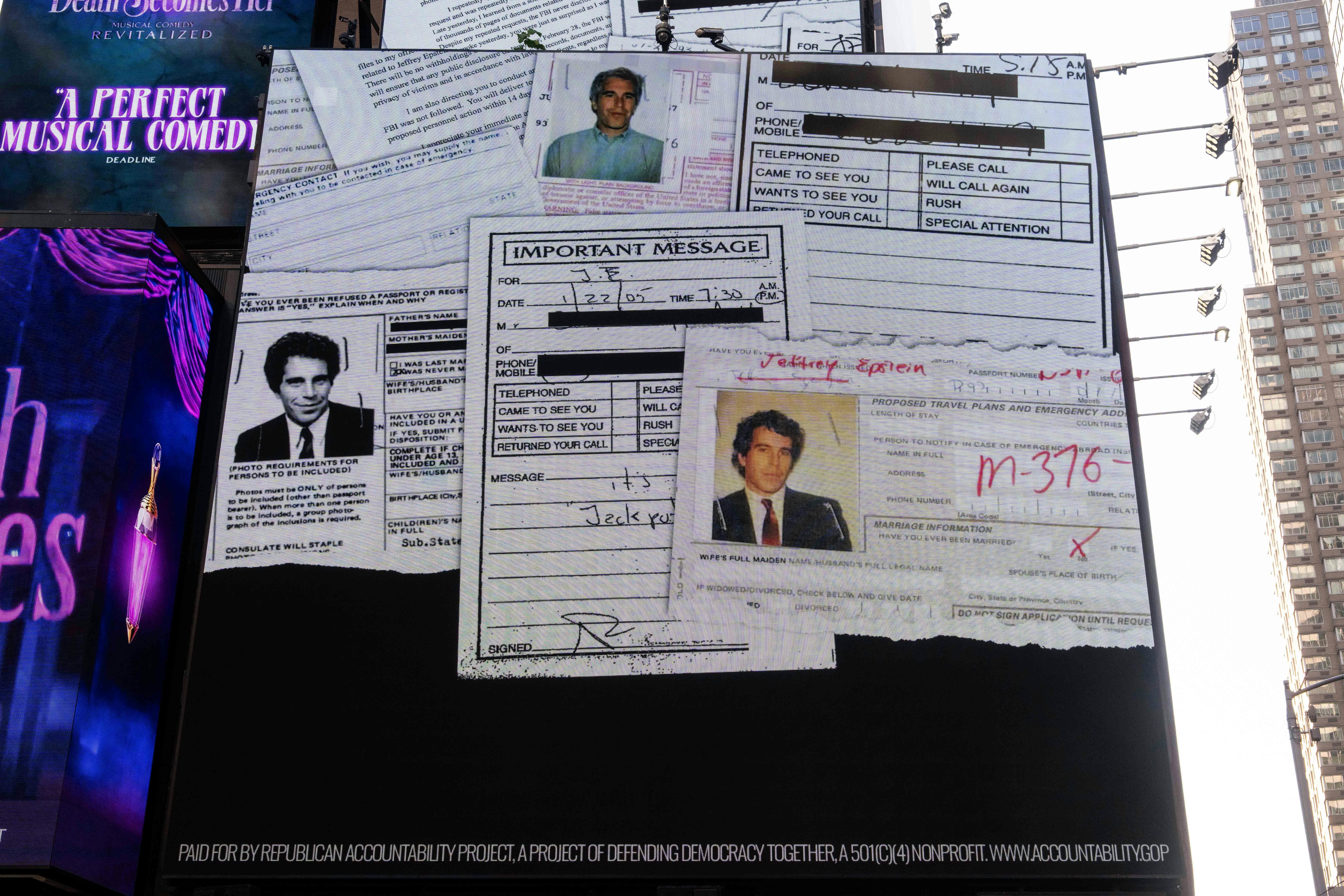 A billboard in Times Square shows random documents with Jeffrey Epstein&#x27;s face.
