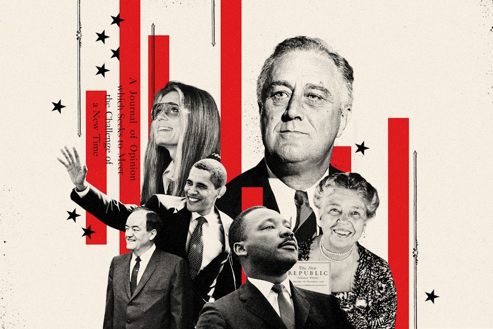 Collage of Barack Obama, Martin Luther King Jr., Hubert Humphrey, Gloria Steinem, Franklin D. Roosevelt, and Eleanor Roosevelt