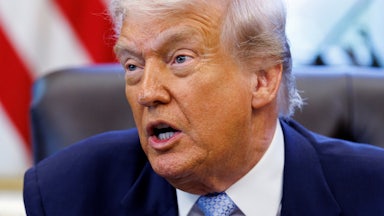 Donald Trump talks to media