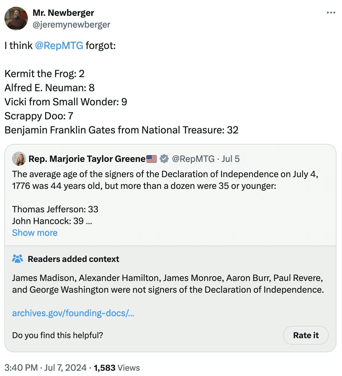 Tweet screenshot Mr. Newberger @jeremynewberger: I think @RepMTG forgot: Kermit the Frog: 2 Alfred E. Neuman: 8 Vicki from Small Wonder: 9 Scrappy Doo: 7 Benjamin Franklin Gates from National Treasure: 32