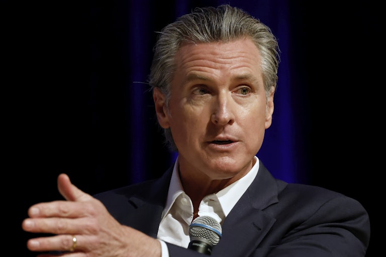 California Governor Gavin Newsom gestures while speaking