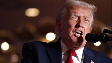 Donald Trump speaks into a mic