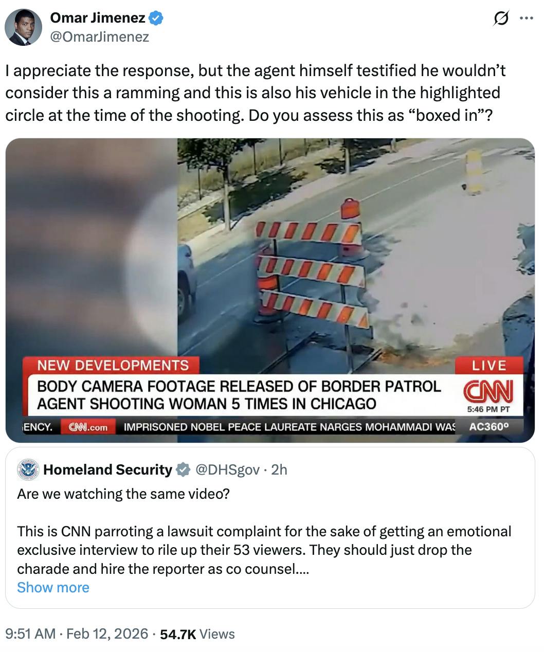 X screenshot Omar Jimenez @OmarJimenez
I appreciate the response, but the agent himself testified he wouldn’t consider this a ramming and this is also his vehicle in the highlighted circle at the time of the shooting. Do you assess this as “boxed in”?

screenshot of bodycam footage