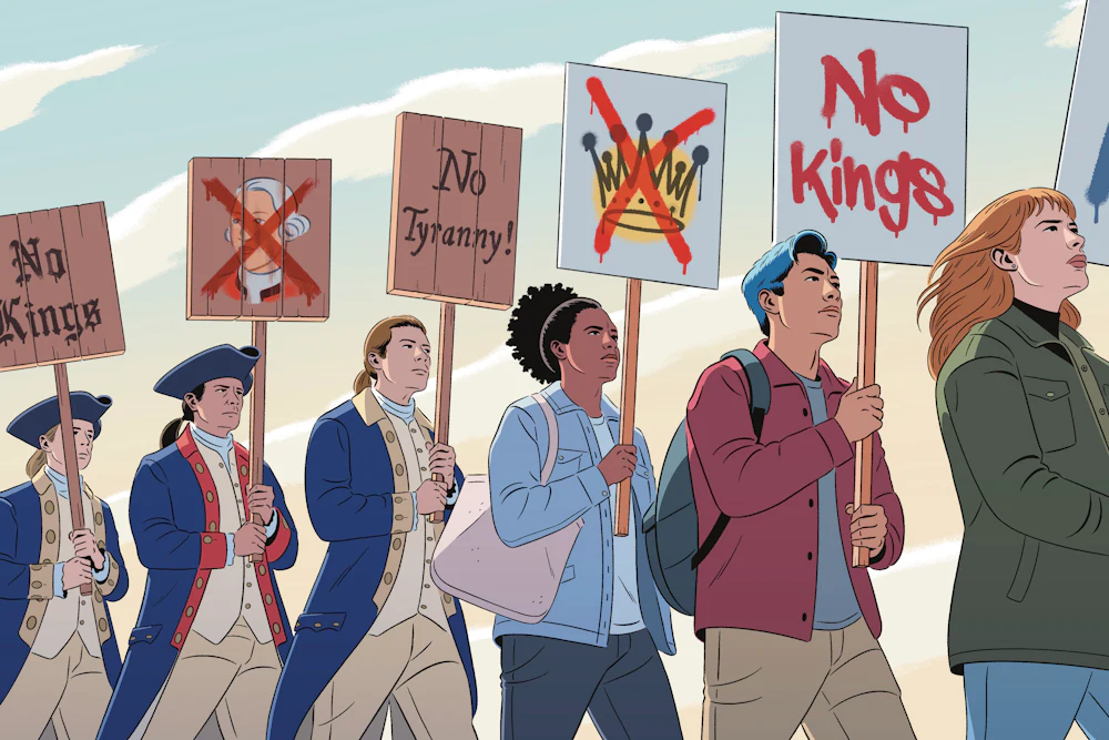 An illustration of protesters from Revolutionary to current times all holding signs saying 'No Kings'