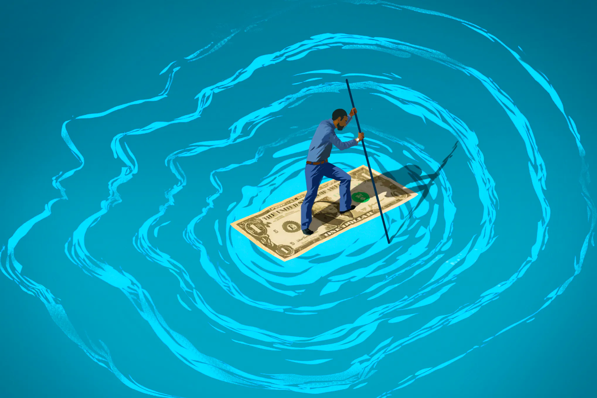 o help combat the turbulent waters of mental illness, giving sufferers cash could be exactly the life raft they need. The illustration shows the concentric waves forming the turbulent outline of a person's face, and a dollar bill as a raft signifies the cash that could help.