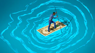 o help combat the turbulent waters of mental illness, giving sufferers cash could be exactly the life raft they need. The illustration shows the concentric waves forming the turbulent outline of a person's face, and a dollar bill as a raft signifies the cash that could help.