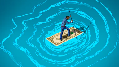o help combat the turbulent waters of mental illness, giving sufferers cash could be exactly the life raft they need. The illustration shows the concentric waves forming the turbulent outline of a person's face, and a dollar bill as a raft signifies the cash that could help.