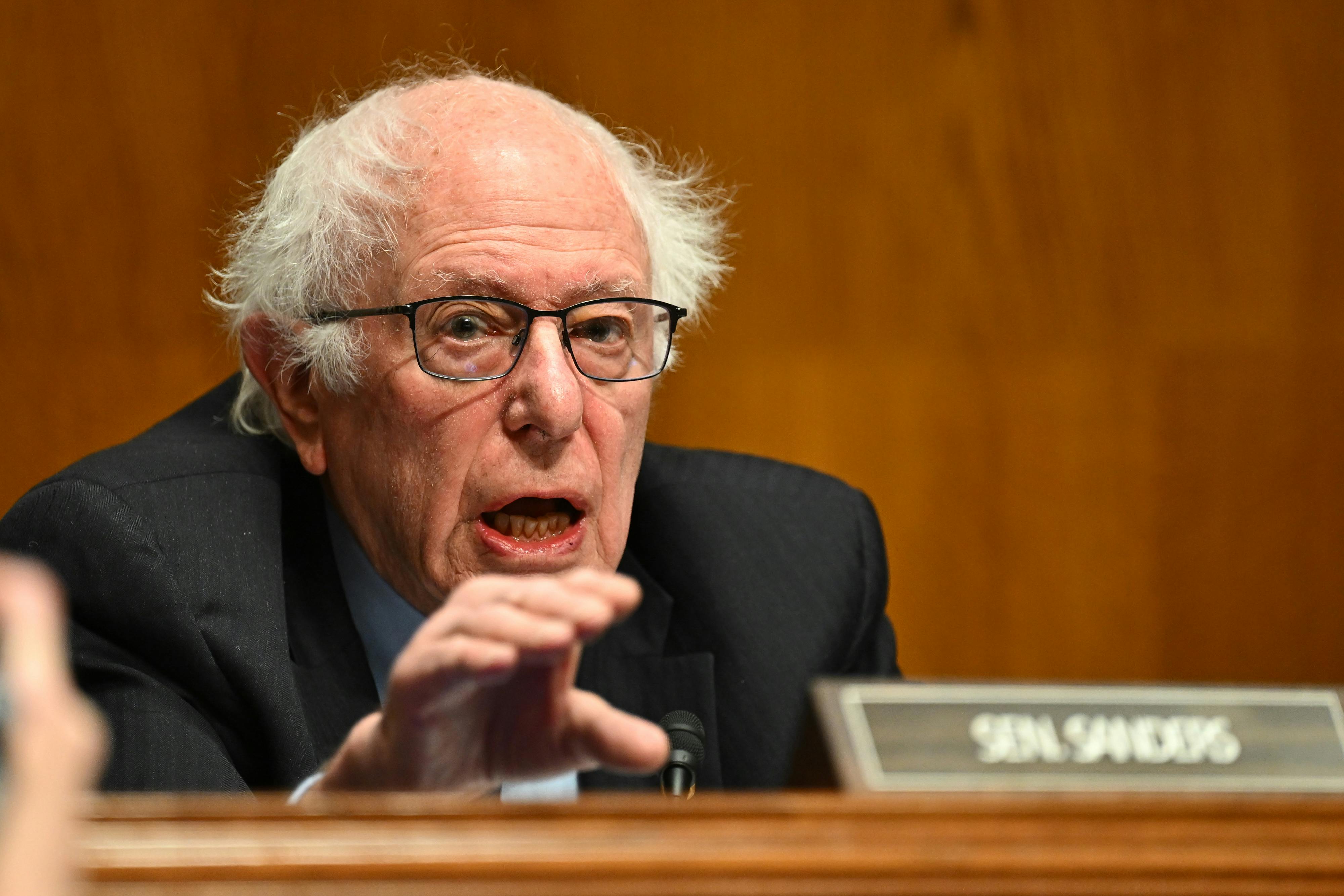 Senator Bernie Sanders gestures while speaking during a Senate hearing