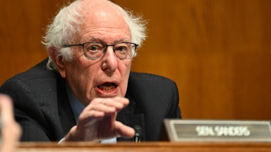 Senator Bernie Sanders gestures while speaking during a Senate hearing