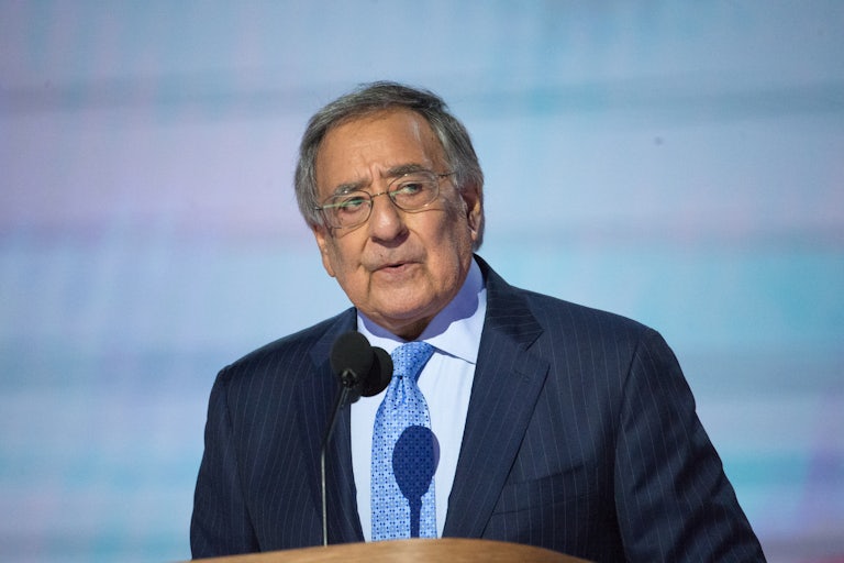 Leon Panetta looks to the side while speaking at the Democratic National Convention