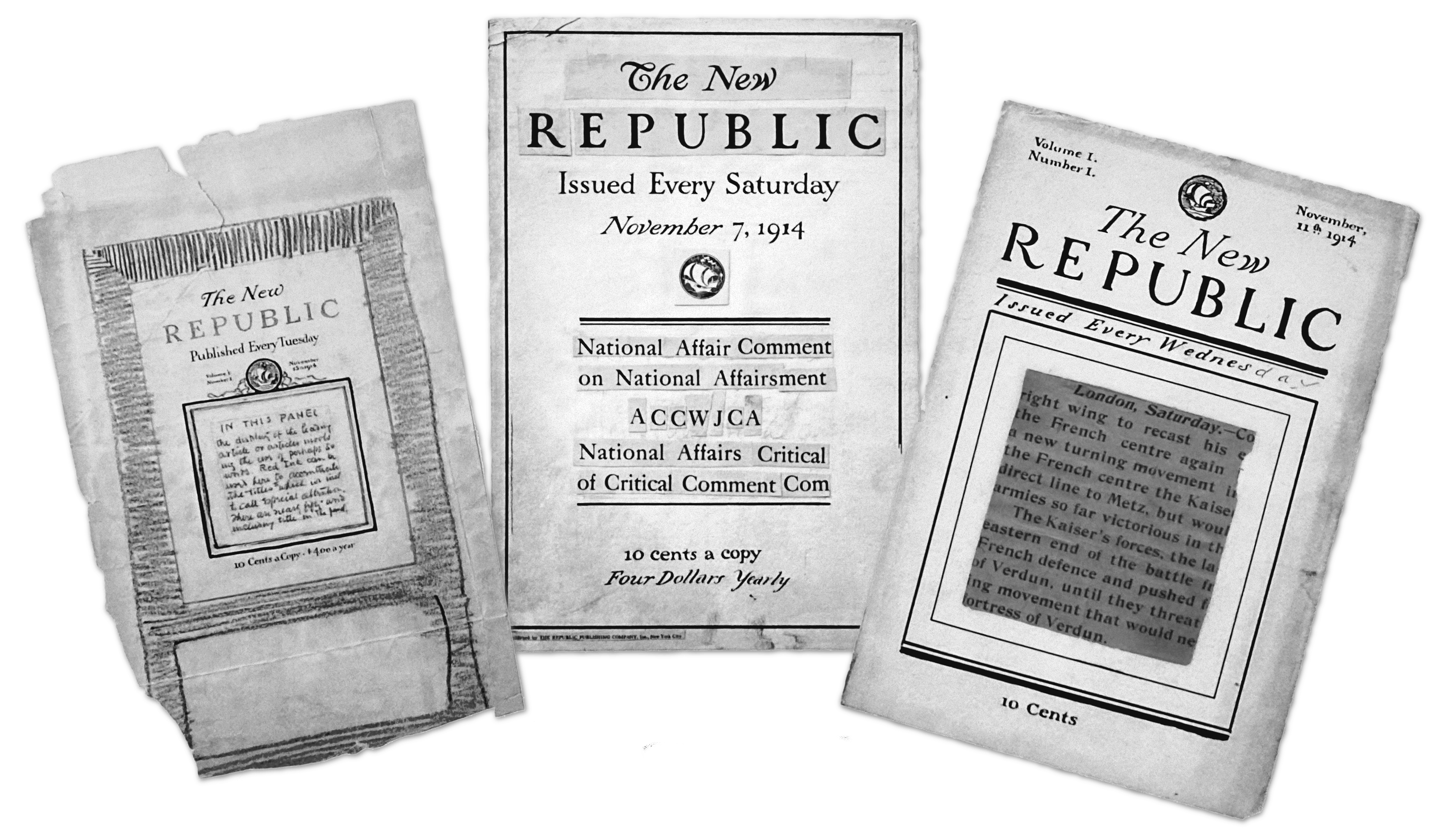 Three black-and-white mock-ups for The New Republic in its founding year, 1914, with bold serif typography symbolizing the magazine’s historical commitment to liberalism.