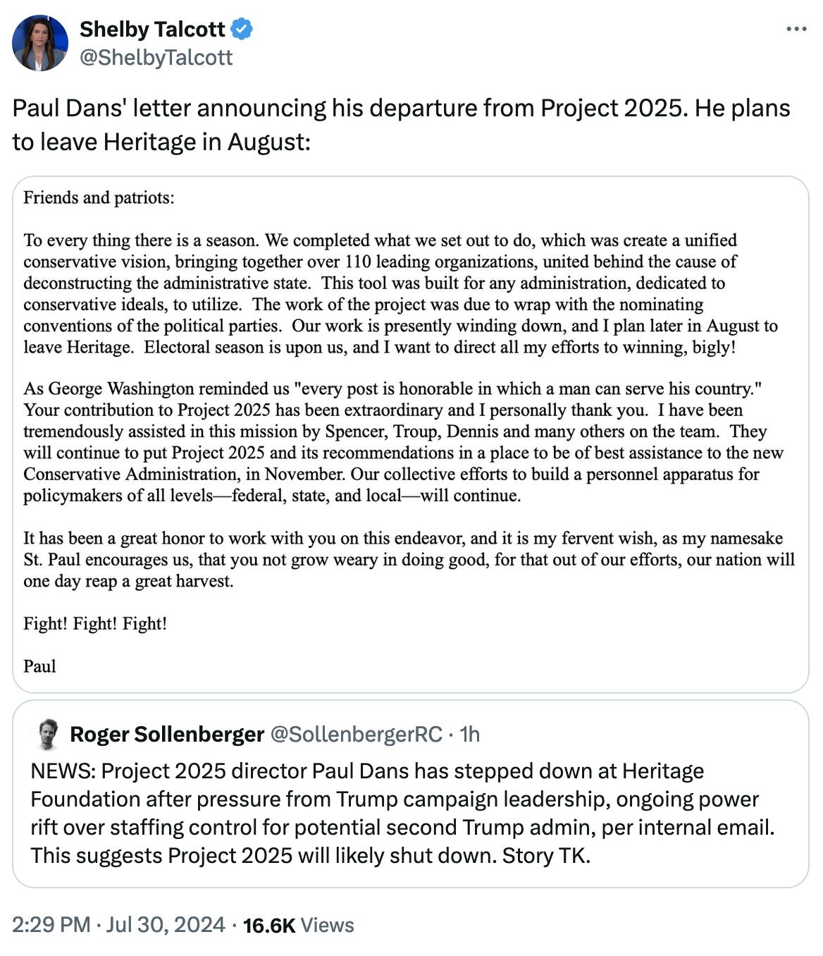 Twitter screenshot Shelby Talcott @ShelbyTalcott: Paul Dans' letter announcing his departure from Project 2025. He plans to leave Heritage in August: (screenshot of email)