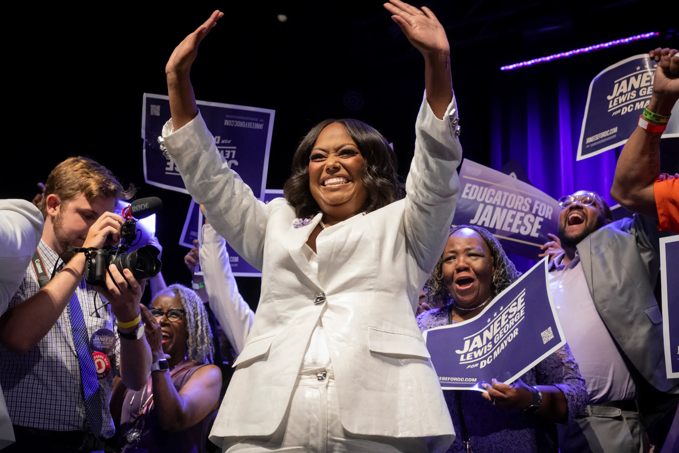 Mayoral candidate Janeese Lewis George celebrates