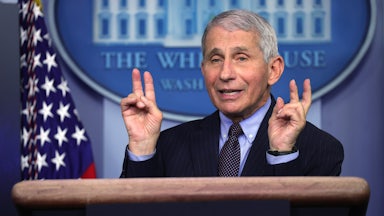 Anthony Fauci makes air-quotes in the White House Press Room.