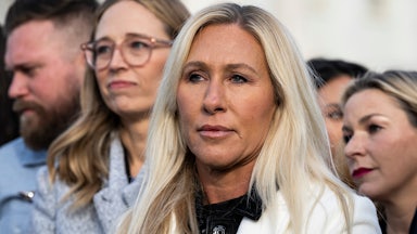 Representative Marjorie Taylor Greene at a press conference with Jeffrey Epstein survivors.