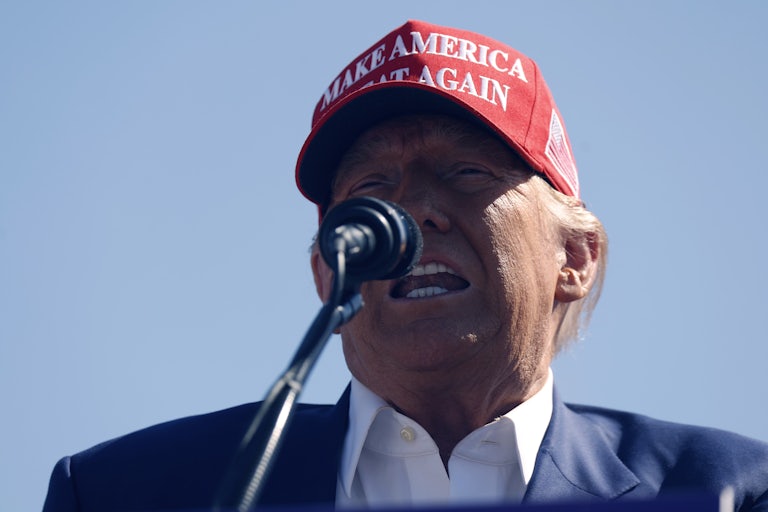 Donald Trump speaks into a microphone at a campaign rally