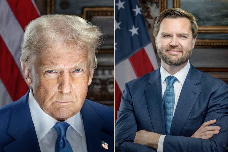 Side-by-side of presidential protraits of Donald Trump and J.D. Vance