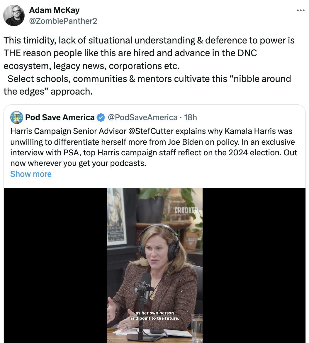 Twitter screenshot Adam McKay @ZombiePanther2: This timidity, lack of situational understanding & deference to power is THE reason people like this are hired and advance in the DNC ecosystem, legacy news, corporations etc. Select schools, communities & mentors cultivate this “nibble around the edges” approach. (quote tweet of Pod Save America)