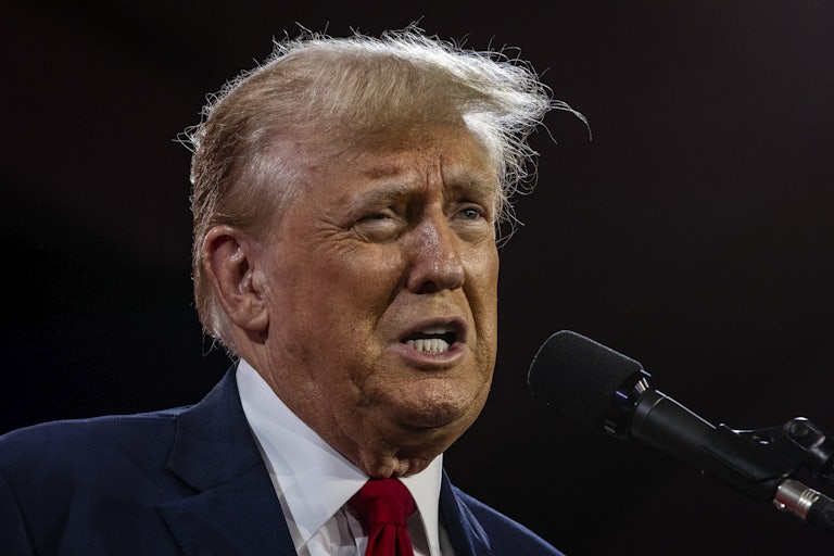 Donald Trump speaks into a microphone