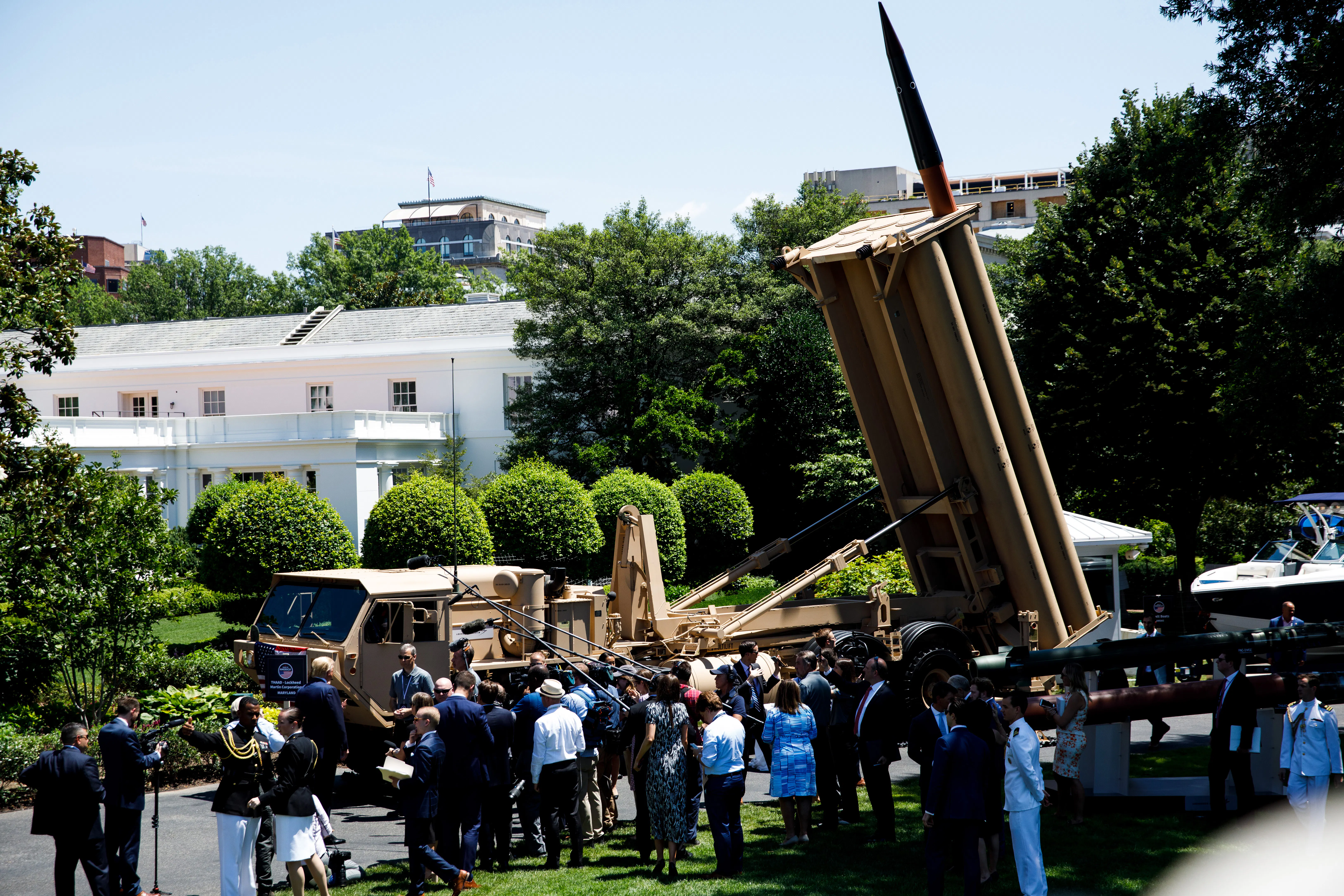 A THAAD missile defense system is displayed outside the White House