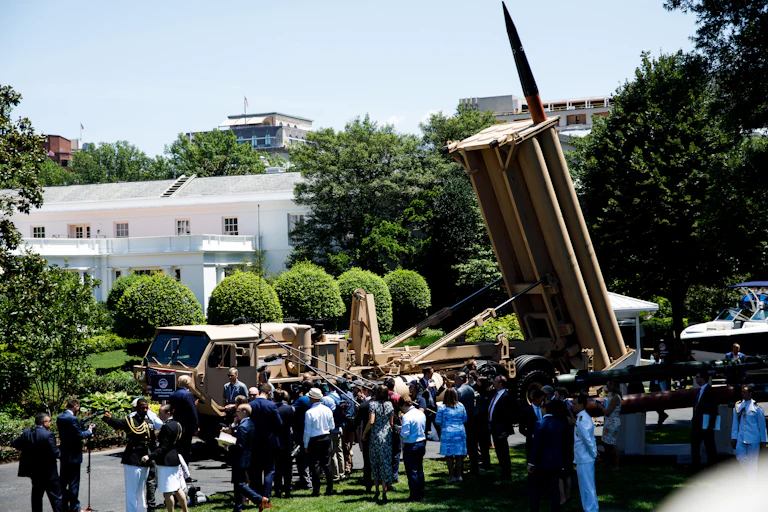 A THAAD missile defense system is displayed outside the White House