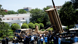 A THAAD missile defense system is displayed outside the White House