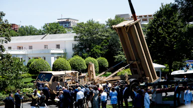 A THAAD missile defense system is displayed outside the White House