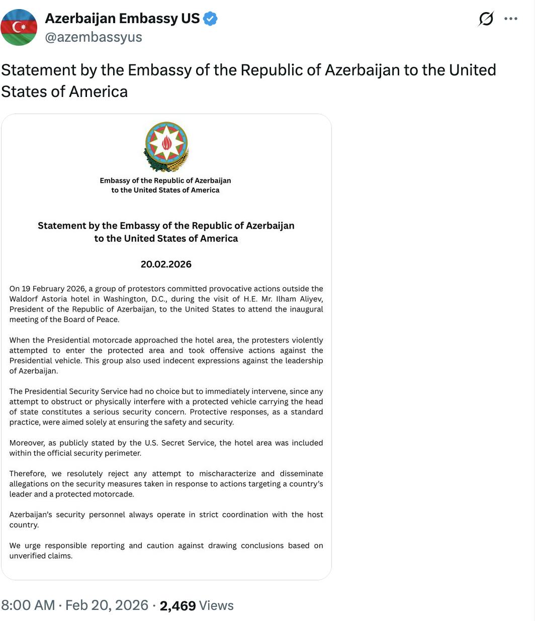 X screenshot Azerbaijan Embassy US @azembassyus
Statement by the Embassy of the Republic of Azerbaijan to the United States of America

(screenshot of statement)