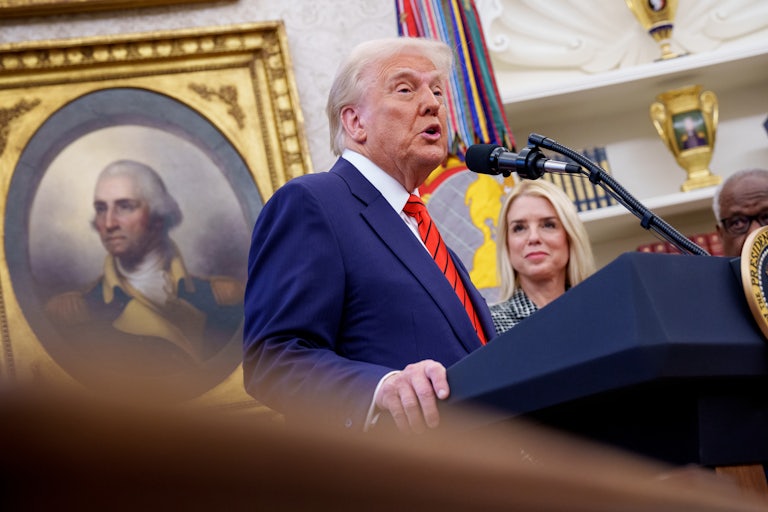Donald Trump and Attorney General Pam Bondi speak in the Oval Office.
