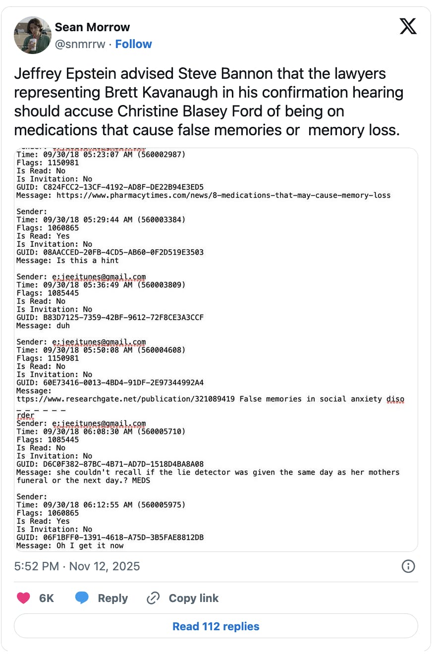 X screenshot with texts on Epstein and Bannon texts on Christine Blasey Ford