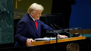President Donald Trump laughs about a teleprompter issue as he speaks before the U.N. General Assembly.