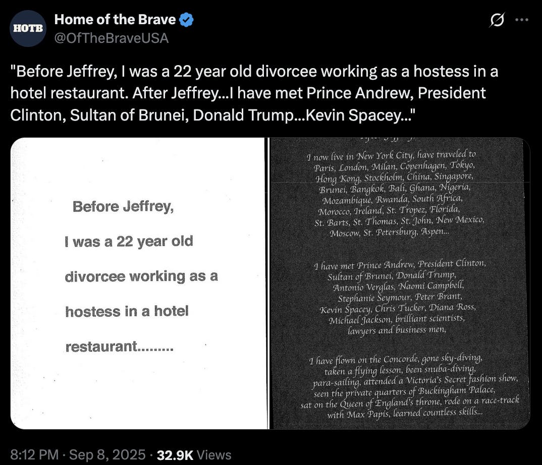 X screenshot Home of the Brave @OfTheBraveUSA: "Before Jeffrey, I was a 22 year old divorcee working as a hostess in a hotel restaurant. After Jeffrey...I have met Prince Andrew, President Clinton, Sultan of Brunei, Donald Trump...Kevin Spacey..."